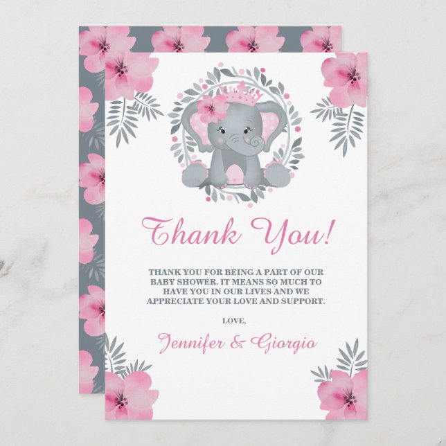 Safari Pink Floral Elephant Baby Shower Thank You (Front/Back)