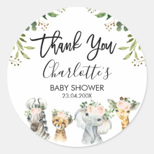 Safari Pink Floral Foliage Baby Shower Favour Stic Classic Round Sticker