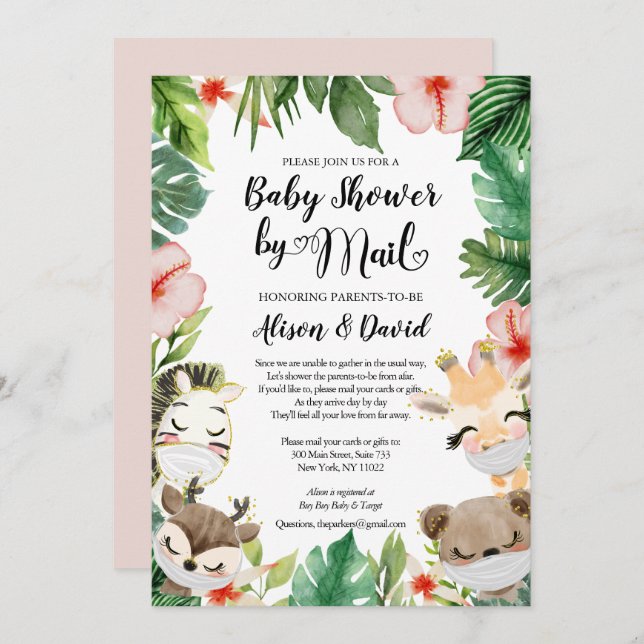 Safari Pink Floral Greenery Girl Shower by Mail Invitation (Front/Back)