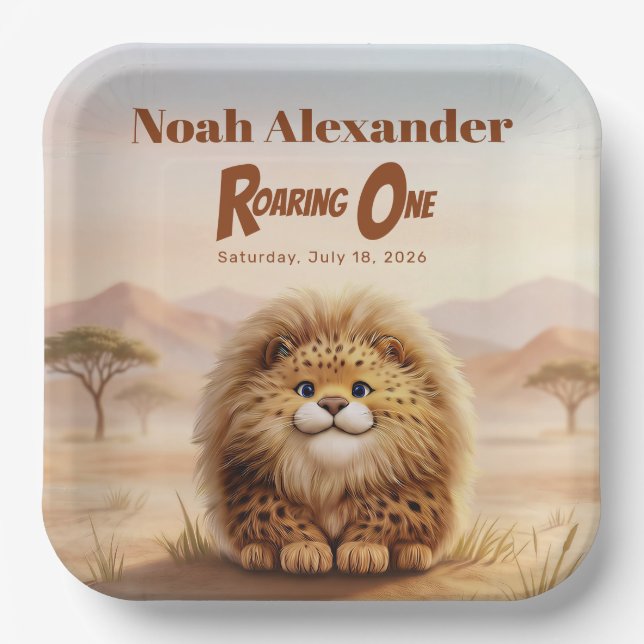 Safari Roaring One Fluffy Leopard Birthday Party Paper Plate (Front)