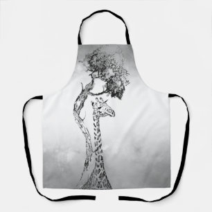 Safari Scene with Giraffe and Tree Ink Art Apron