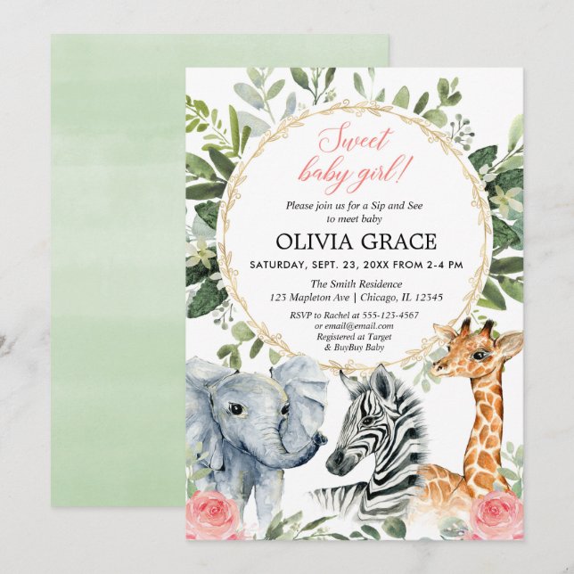 Safari Sip and See, Meet baby girl jungle theme Invitation (Front/Back)