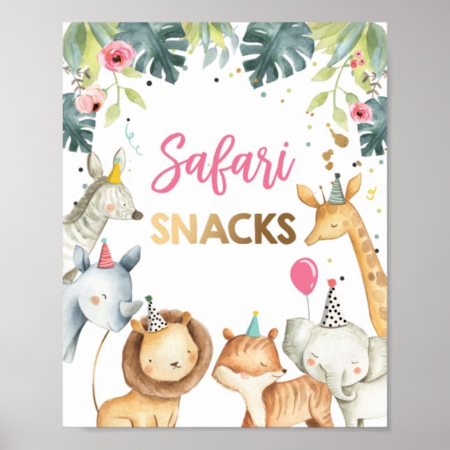 Safari Snacks Wild Animal Girl Birthday Table Sign (Front)