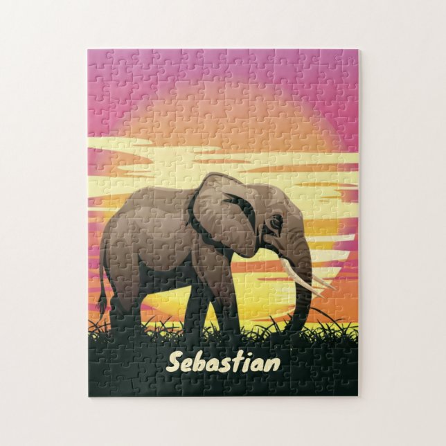 Safari Sunset Elephant Silhouette Personalised Jigsaw Puzzle (Vertical)