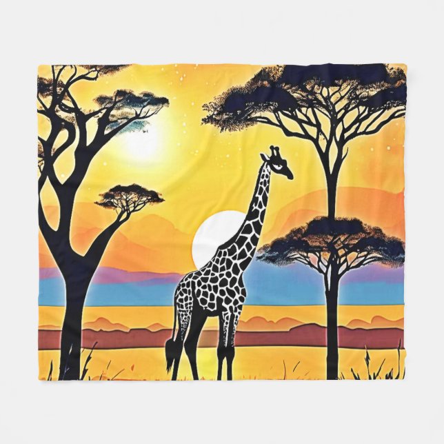 Safari Sunset: Giraffe's Embrace Fleece Blanket (Front (Horizontal))