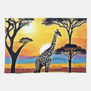 Safari Sunset: Giraffe's Embrace Tea Towel