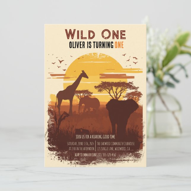 Safari Sunset Jungle Wild One Birthday Invitation (Standing Front)