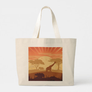 Safari Sunset Wildlife Silhouette Large Boho Tote Bag