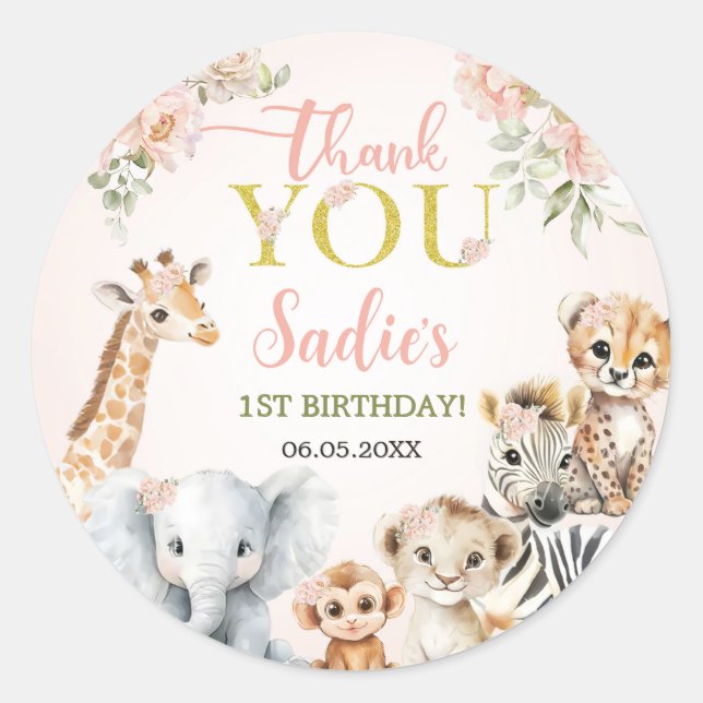 Safari Sweet Girl Floral Birthday  Classic Round Sticker (Front)