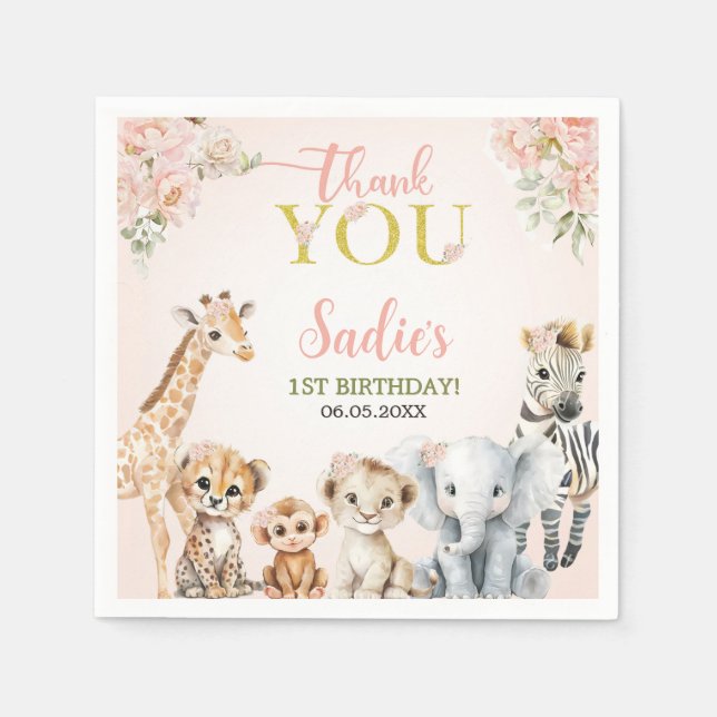 Safari Sweet Girl Floral Birthday  Napkin (Front)