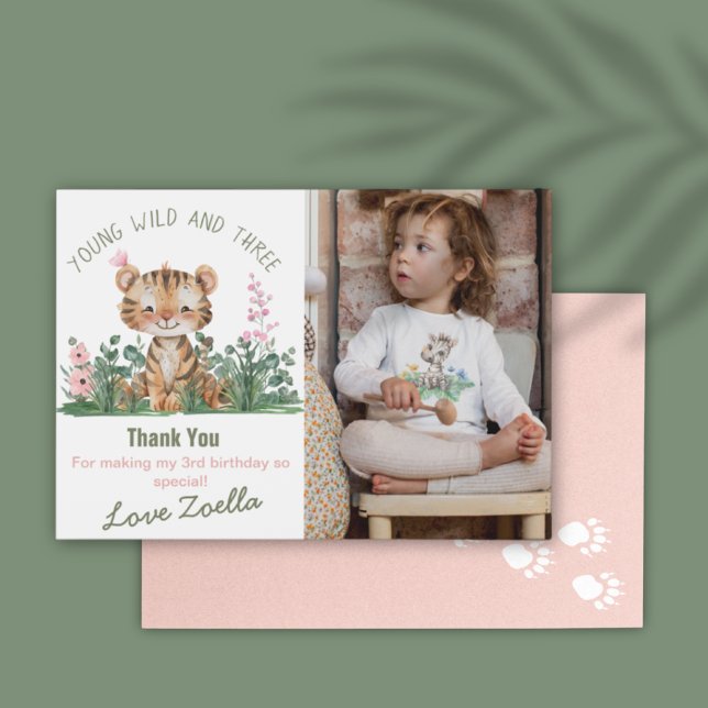 Safari Thank You Card (Safari Jungle Young Wild Three Tiger Pink Birthday Thank You Card)
