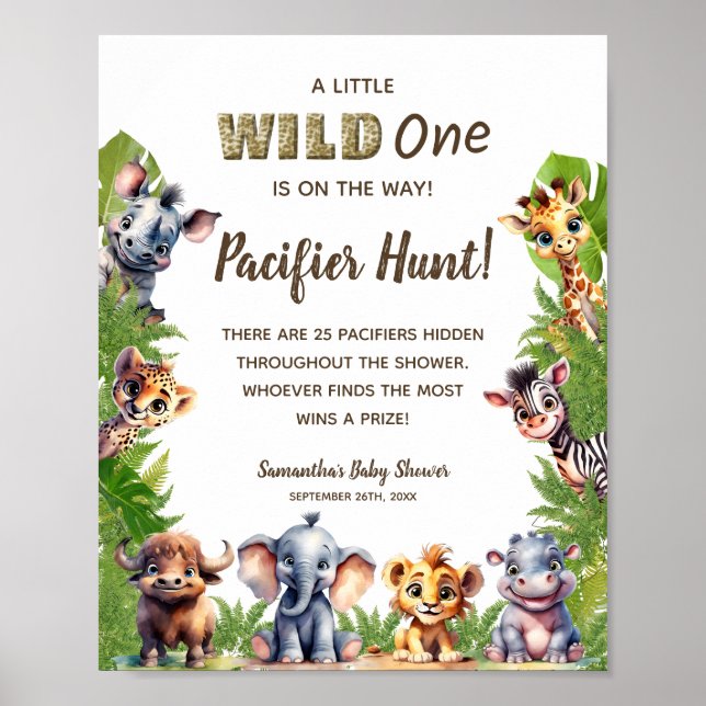 Safari Theme Pacifier Hunt Game Baby Shower Sign (Front)