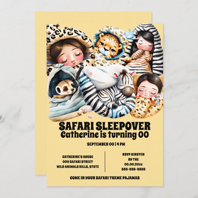 Safari theme sleepover slumber pajama kids invitation (Front/Back)
