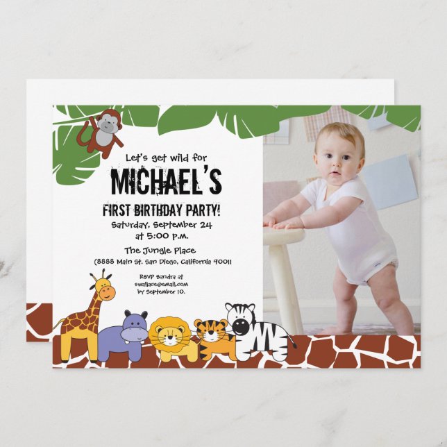 Safari Themed | First Birthday | Let's get wild Invitation (Front/Back)