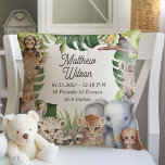 Safari themed nursery birth stats baby animals  cushion<br><div class="desc">Welcome your baby boy to a world of adventure with the Safari Jungle Animals Baby Boy Nursery Pillow, a charming addition to his first sanctuary. This pillow features a delightful array of watercolor tropical and jungle animals, bringing a playful yet serene vibe to the nursery decor. Personalise it with your...</div>