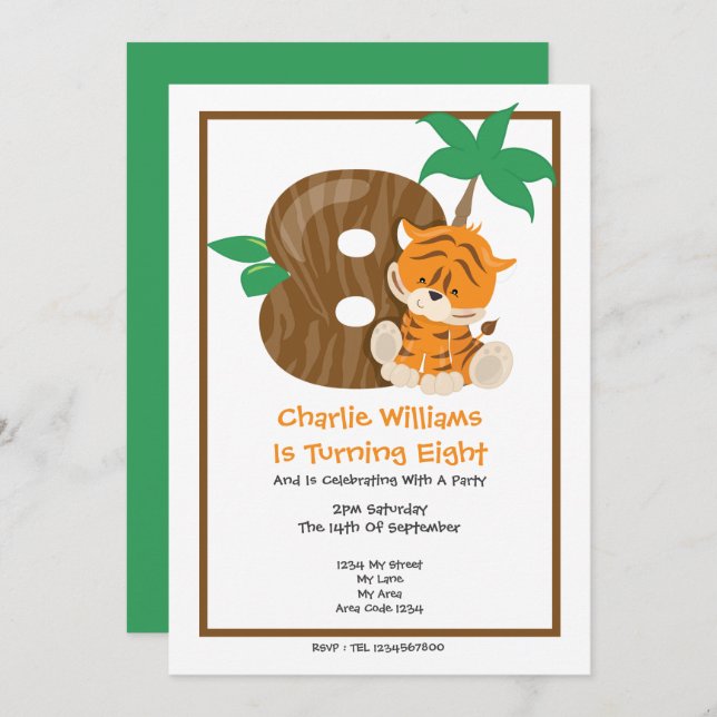 Safari Tiger Eighth Birthday Party Invitation (Front/Back)