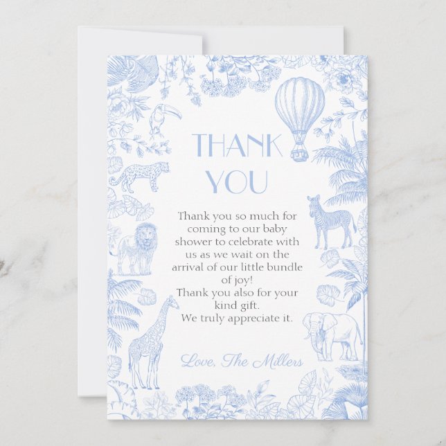Safari Toile De Jouy Baby Shower Thank You Card (Front)