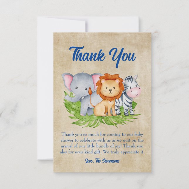 Safari Tropical Jungle Animals Baby Boy Shower Thank You Card (Front)