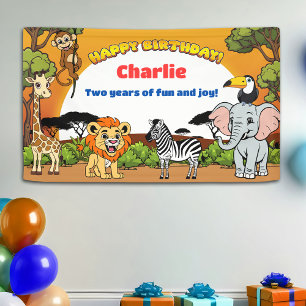 Safari Tropical Jungle Animals Cartoon Birthday Banner
