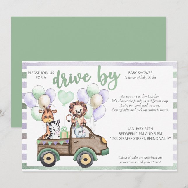 Safari Truck and Cute Animals Drive By Baby Shower Invitation (Front/Back)