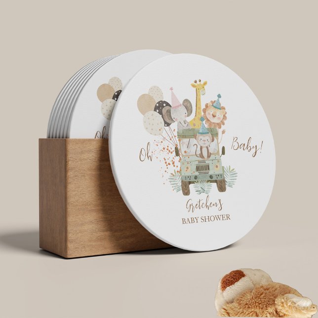Safari Truck Jungle Animals Boho Baby Shower Round Paper Coaster (Creator Uploaded)