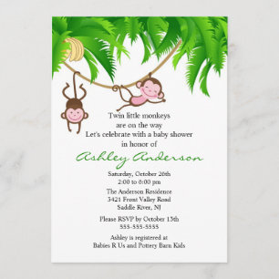 Safari Twin Monkeys Baby Shower Invitation
