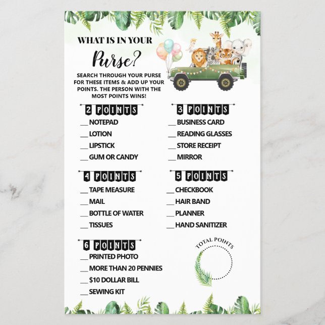 Safari What is in your Purse Baby Shower Game Card (Front)