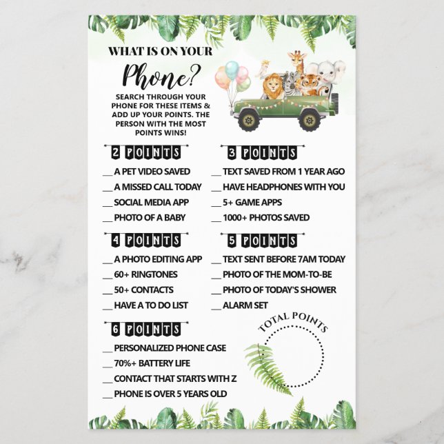 Safari What is on your Phone Baby Shower Game card (Front)