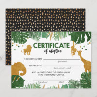 Safari Wild Animals Adoption Certificate Birthday