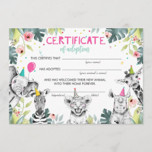 Safari Wild Animals Adoption Certificate Birthday Invitation