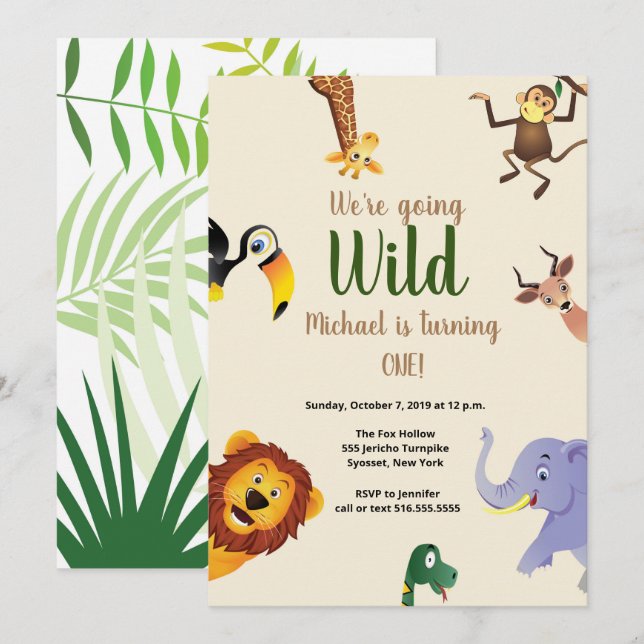 Safari Wild Animals Greenery 1st Birthday Invitation (Front/Back)