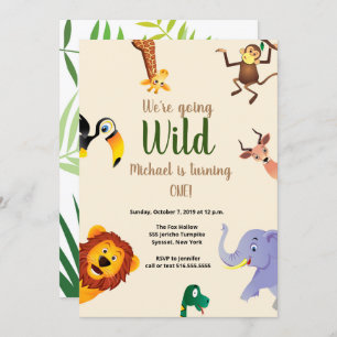 Safari Wild Animals Greenery 1st Birthday Invitation