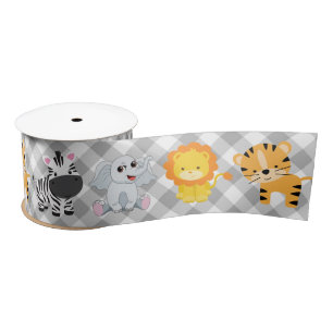 Safari Wild Animals On Gingham Satin Ribbon