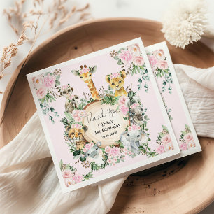 Safari Wild Animals Pink Floral Birthday Favours Napkin