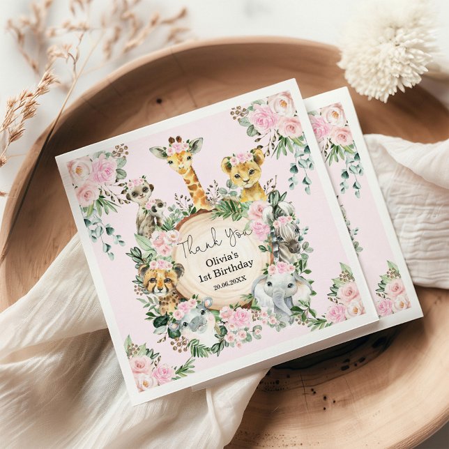 Safari Wild Animals Pink Floral Birthday Favours Napkin (Creator Uploaded)