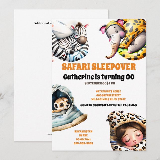 Safari wild animals sleepover slumber pajama party invitation (Front/Back)