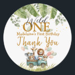 Safari Wild One 1st Birthday Classic Round Sticker<br><div class="desc">Elevate your little one's first birthday with our Safari Jungle Wild One Classic Round Stickers! Featuring charming safari animals and vibrant colours,  these stickers add a playful touch to party favours,  invitations,  and more. Customise with ease for an unforgettable celebration!</div>