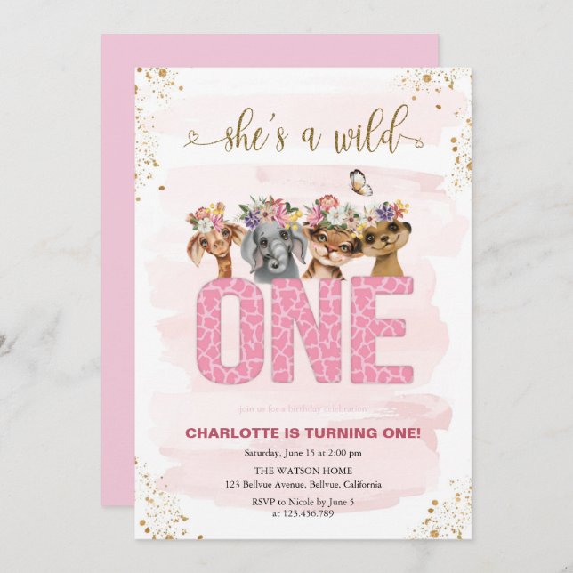 Safari Wild One 1st Birthday Invitation (Front/Back)