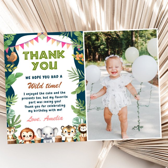 Safari Wild One 1st Birthday Photo Thank You Card (Creator Uploaded)