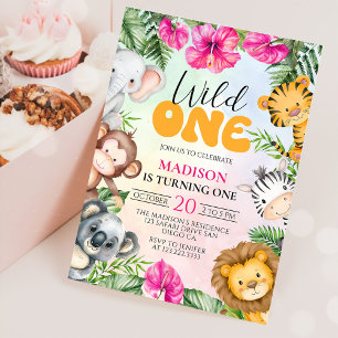 Safari Wild One 1st Girl Birthday Invitation