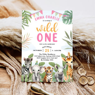 Safari Wild One 1st Girl Birthday  Invitation