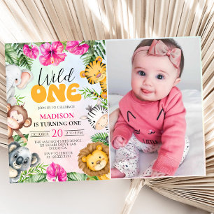 Safari Wild One 1st Girl Birthday Photo Invitation