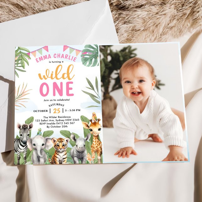 Safari Wild One 1st Girl Birthday Photo Invitation (Creator Uploaded)