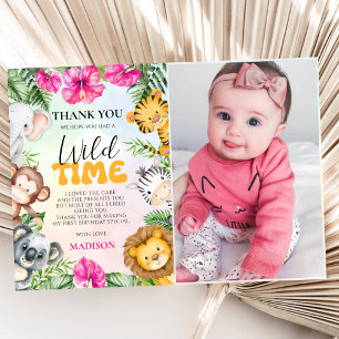 Safari Wild One 1st Girl Birthday Photo Thank You Card