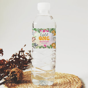 Safari Wild One 1st Girl Birthday Water Bottle Label