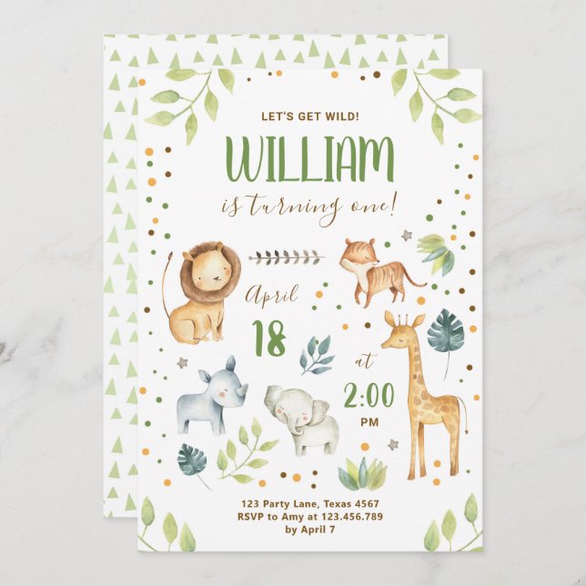 Safari Wild One Animals Jungle Zoo Boy Birthday Invitation (Front/Back)