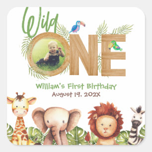 Safari Wild One Animals Wood First Birthday Photo  Square Sticker