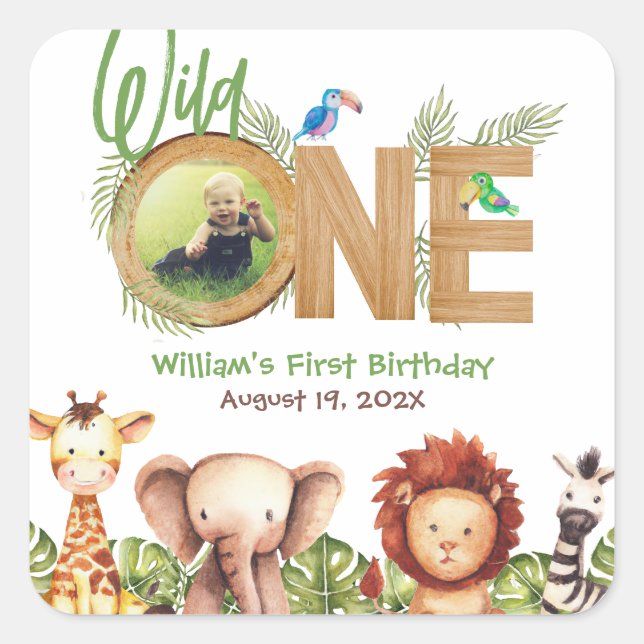 Safari Wild One Animals Wood First Birthday Photo  Square Sticker (Front)