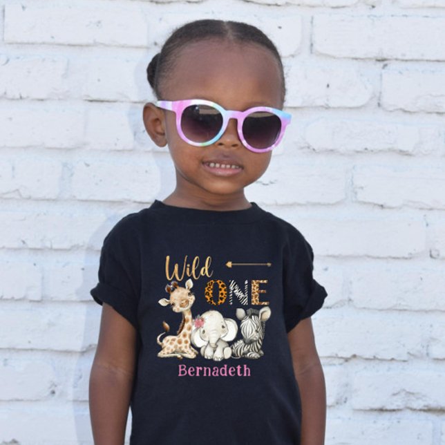 Safari Wild One Baby Animals 1st Birthday Floral Baby T-Shirt (Creator Uploaded)