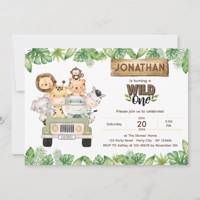 Safari Wild One Birthday Invitation Cute Animals (Front)